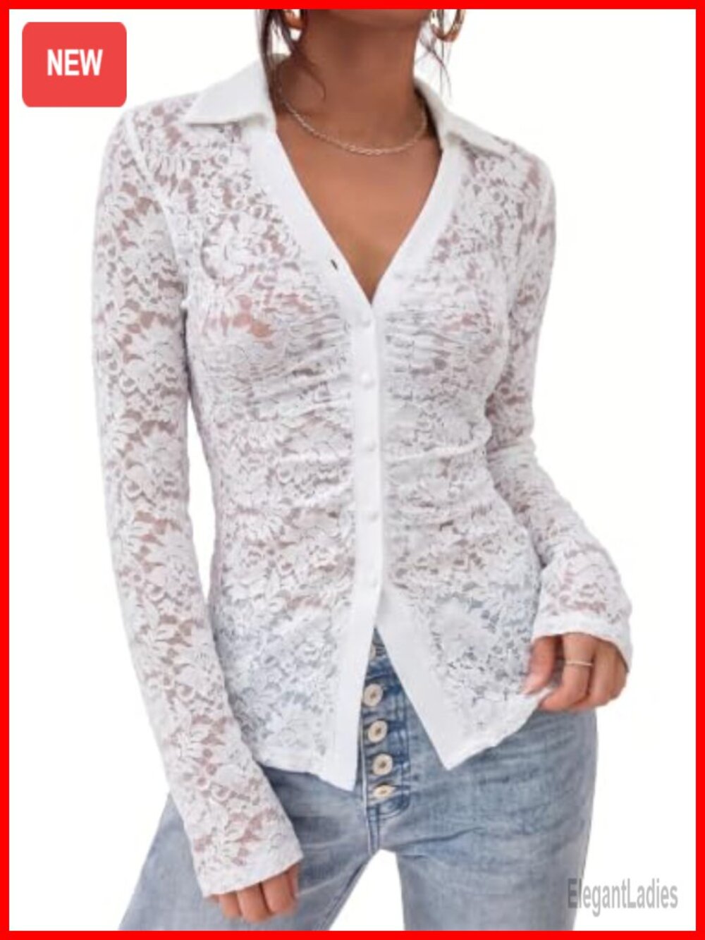 Sheer Lace Button Down Shirt Flared Long Sleeve Collared V Neck Blouse